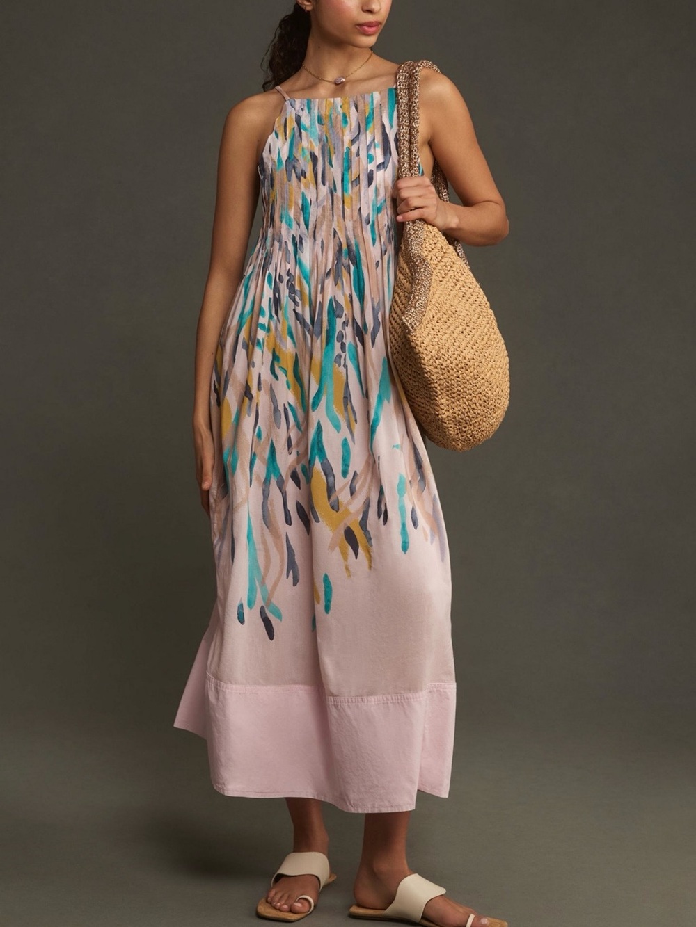 Anthropologie Farm Abstract Print Pleated Maxi Dress Pink XS Rio Cotton Pink